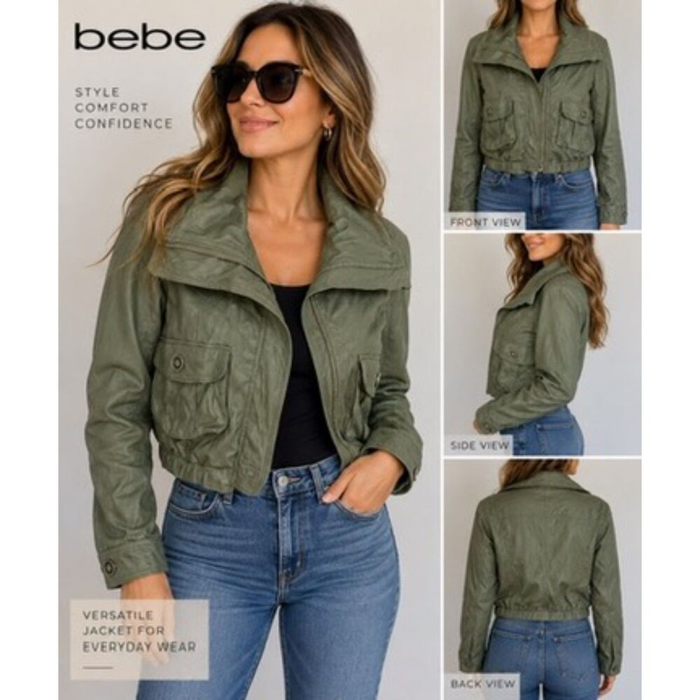 BEBE Olive Green Faux Leather Utility Jacket – Size M